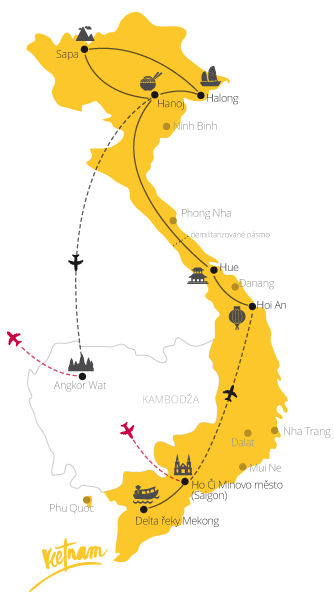 Velká cesta Vietnam a Kambodža mapa